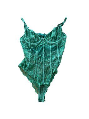 Avidlove Sheer Lace Lingerie Bodysuit Bow Detail Green Sz MED Coquette Underwire